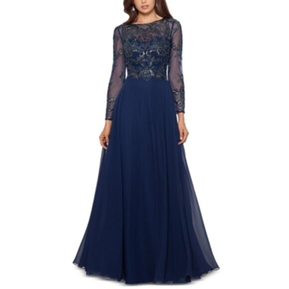 XSCAPE Mesh-Sleeve Sheer Woven Embellished Gown Navy Blue Size 16 Petite NWT